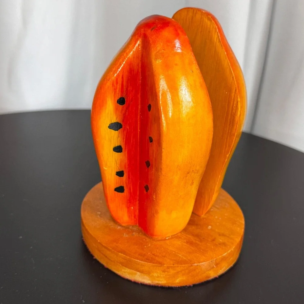 Vintage Hand Carved‎ Wood Papaya Napkin Holder Tropical Fruit Kitchen Decor